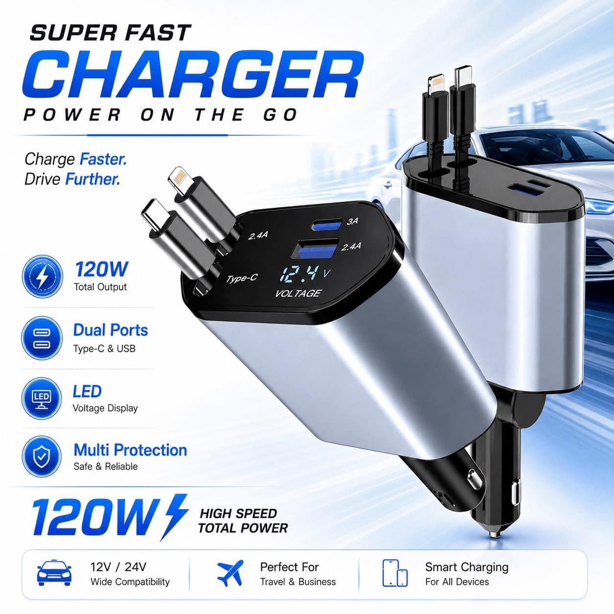SUPER FAST CAR CHARGER 120W-4 IN 1