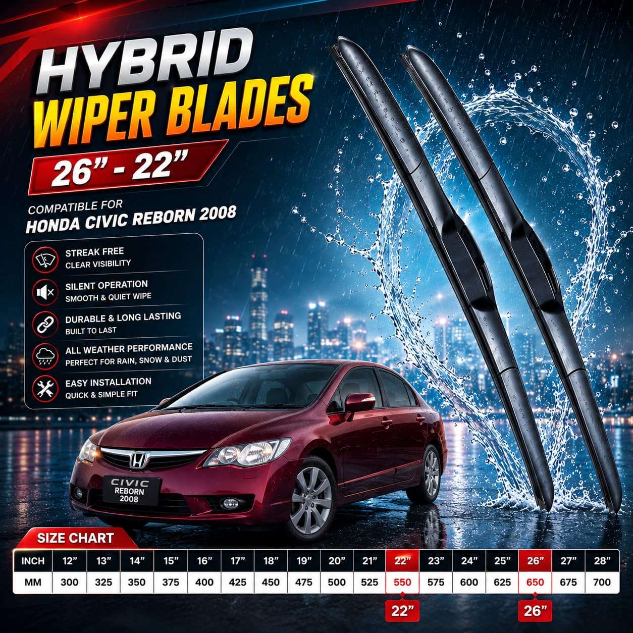 HYBRID WIPER BLADES FOR HONDA CIVIC REBORN (2006-2012)